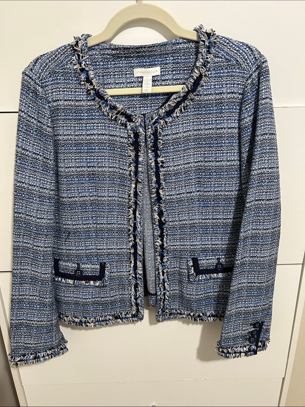 Charter Club Blue & White Tweed Fringed Open Jacket